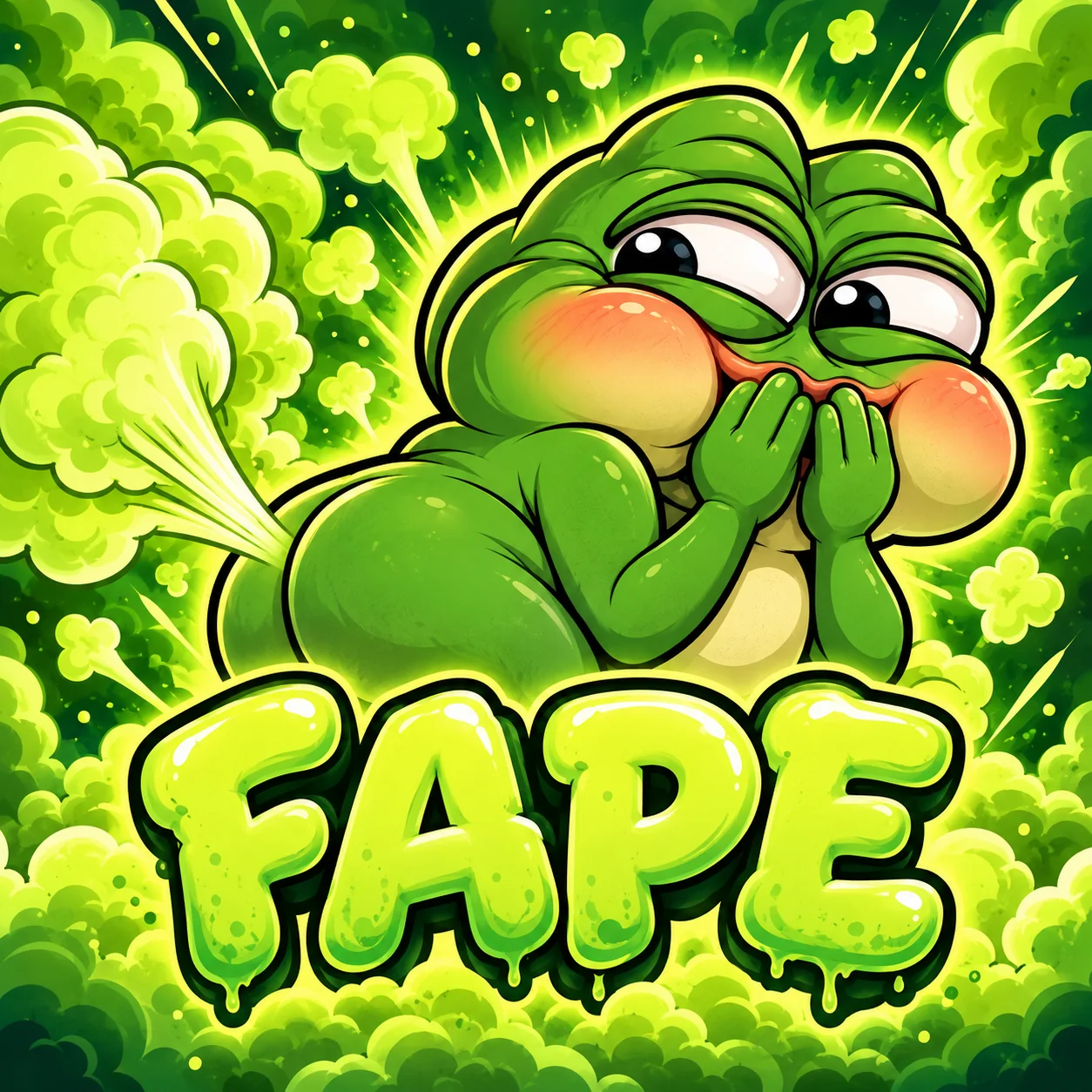 FAPE mascot: green frog making a huge fart cloud with big FAPE lettering